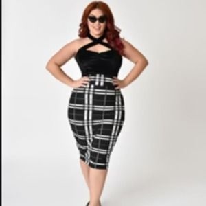 Unique Vintage 2x Katharine Wiggle Skirt Black & White Plaid High Waist pull-on